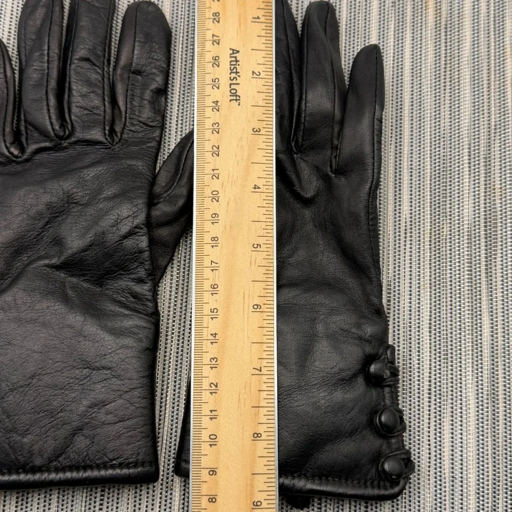 Wilsons Leather Gloves Womens Small Black Genuine Leather Faux Fur Trim Buttons